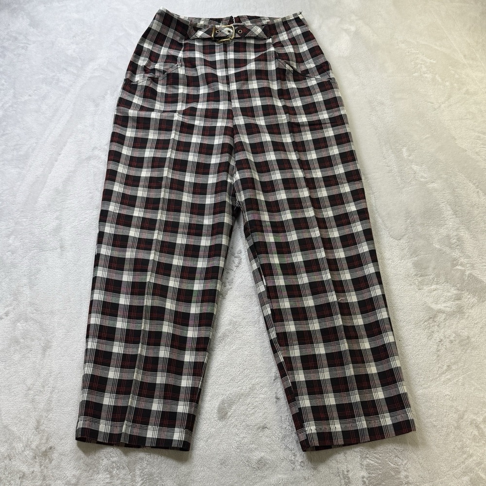 Vintage 70s Jantzen Plaid Capri Pants Black Red White Belted Sz 10 USA Talon Zip